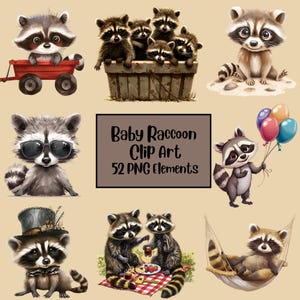 Graphismes de bébé raton laveur, petit raton laveur, animaux de la forêt, clipart adorable raton laveur, aquarelles de ratons laveurs, fille raton laveur, sublimation