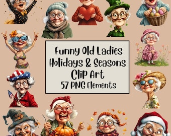 Funny Old Ladies Clipart, Elderly Clipart, Cute Grandma, Old Ladies PNG Bundle, Cheerful Old Lady, Funny Old People, Sublimination