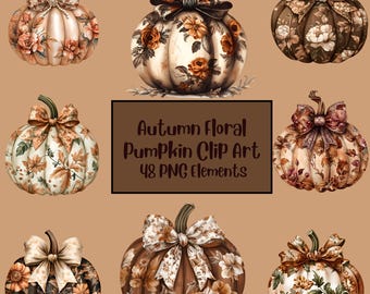 Clipart floral citrouilles | Toile florale d'automne citrouilles des cliparts | Lot de ferme d'automne | Pastel Floral Halloween Citrouille PNG