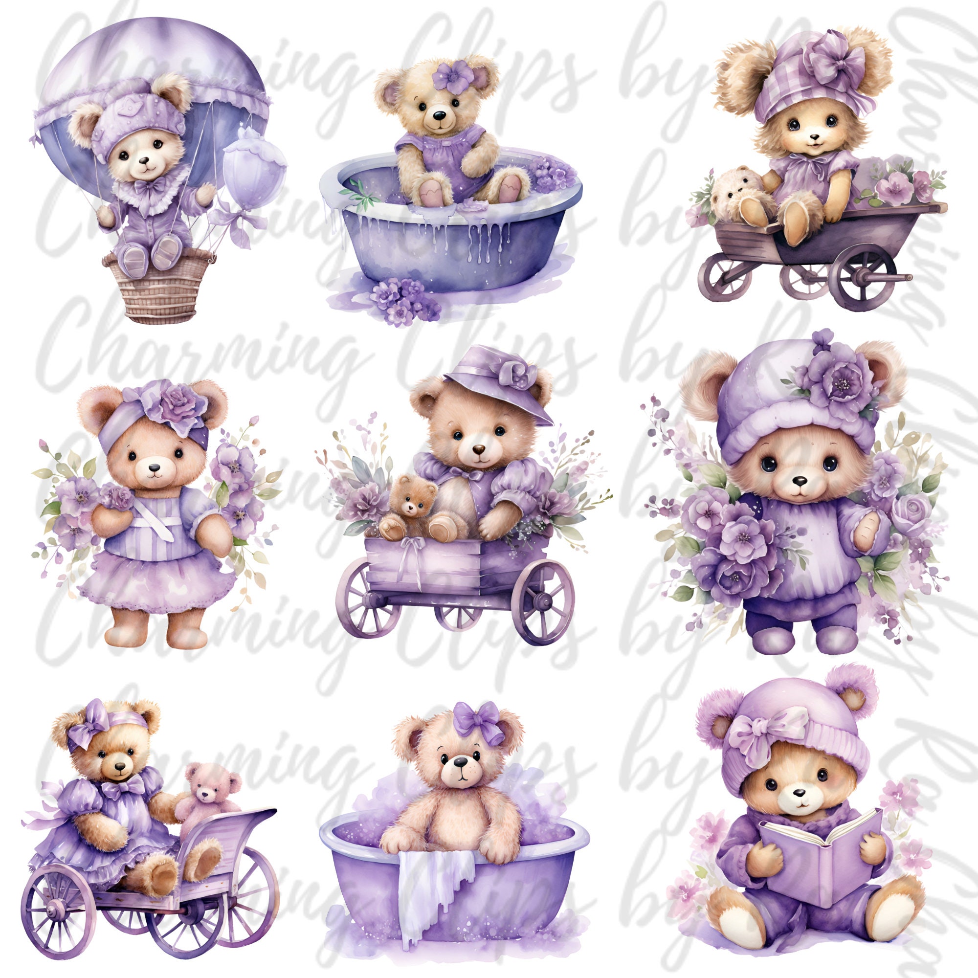 Teddy Bear Clipart Bundle, Girl Baby Shower PNG, Cute Lavendar Boho ...
