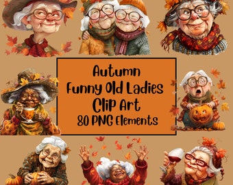 Funny Autumn Grandma Clipart, Cheerful Elderly PNG Bundle (80 Elements)