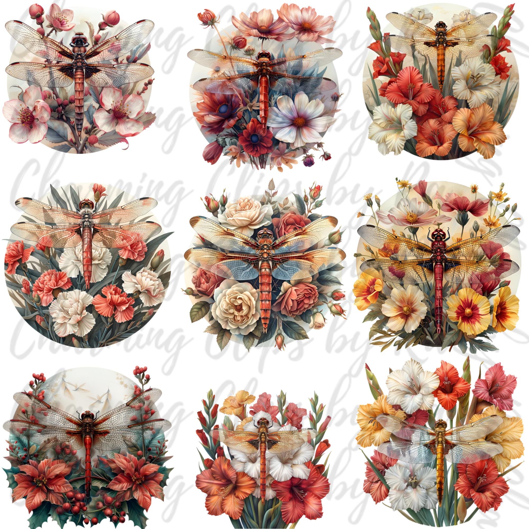 Dragonfly Floral Birthflower Clipart Sublimations Bundle, Insect PNG ...