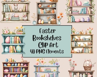 Puede incluir: Un conjunto de 10 imágenes de clipart digital que presentan estanterías de libros con temática de Pascua con colores pastel, libros, huevos, flores y conejos. El texto "Easter Bookshelves Clip Art 40 PNG Elements" se muestra sobre un fondo azul.