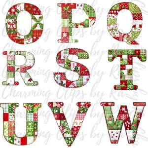 Peut inclure: Un ensemble de lettres de l'alphabet en patchwork de couleur rouge, verte et blanche sur le th&egrave;me de No&euml;l. Les lettres sont O, P, Q, R, S, T, U, V et W.