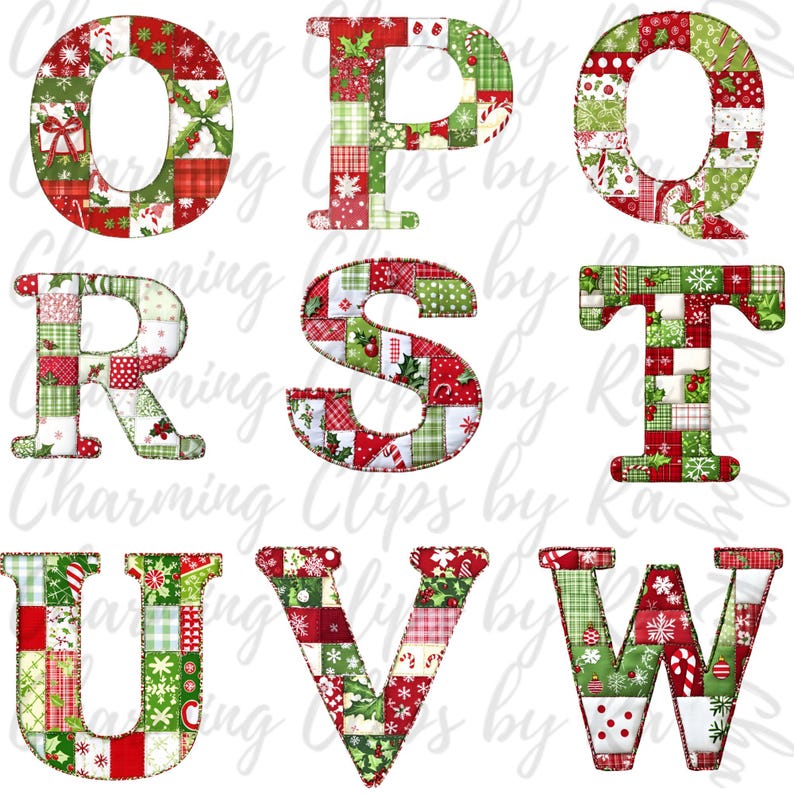 Peut inclure: Un ensemble de lettres de l'alphabet en patchwork de couleur rouge, verte et blanche sur le th&egrave;me de No&euml;l. Les lettres sont O, P, Q, R, S, T, U, V et W.