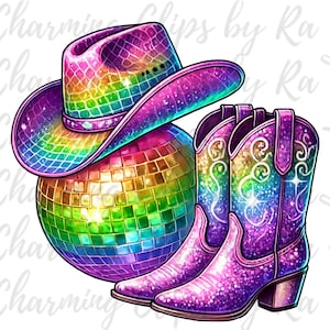 Disco Ball And Cowboy Boots Png, Cowgirl Party Png, Pink Western Party Night Png, Cowboy Boots Hat, Glitter Western Sublimation Design