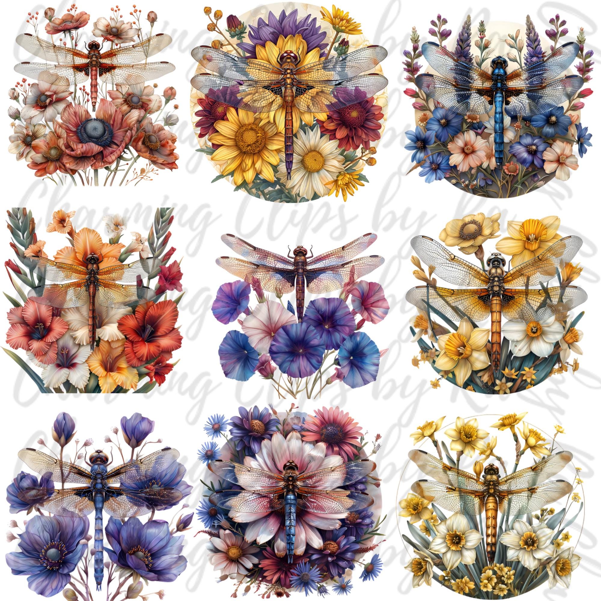 Dragonfly Floral Birthflower Clipart Sublimations Bundle, Insect PNG ...