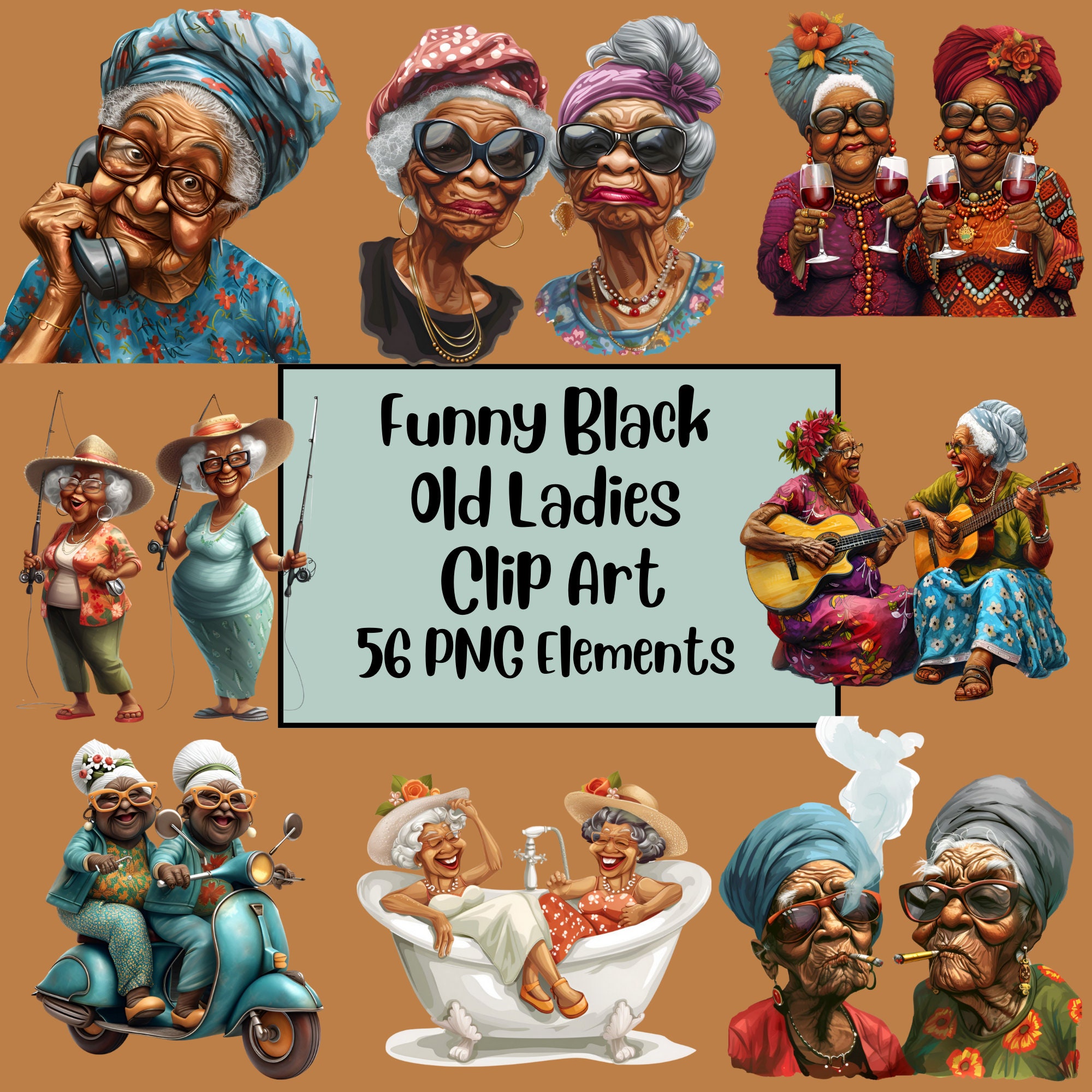 Funny Old Ladies Clipart, Elderly Clipart, Cute Grandma, Old Ladies PNG Bundle, Cheerful Old Lady, Funny Old People, Black Ladies