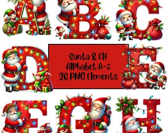 Alphabet de Noël PNG, Clipart lettres Père Noël, Père Noël, lettres de lutin, lettres de Noël Doodle, sublimation, clipart vacances