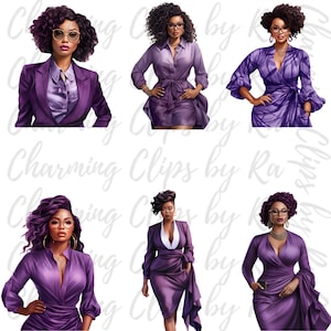 Op de afbeelding: Digitale illustratie van zes vrouwen met paars haar en kleding. De vrouwen dragen verschillende outfits, waaronder een colbert, een jurk en een blouse. De achtergrond is wit met de tekst "Charming Clips by Ra" herhaald.