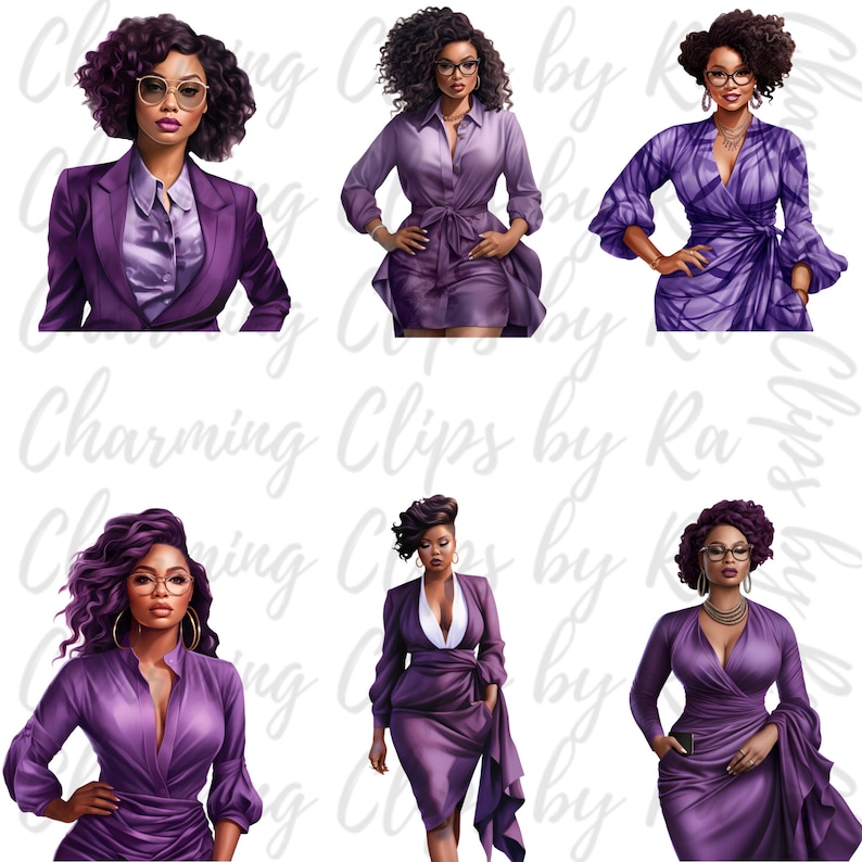 Op de afbeelding: Digitale illustratie van zes vrouwen met paars haar en kleding. De vrouwen dragen verschillende outfits, waaronder een colbert, een jurk en een blouse. De achtergrond is wit met de tekst "Charming Clips by Ra" herhaald.