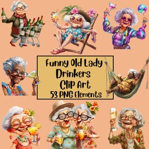 Lustige alte Damen Cocktail Clipart, ältere Clipart, Alkohol, alte Damen PNG Bundle, fröhliche alte Dame, lustige alte Menschen, Sublimation