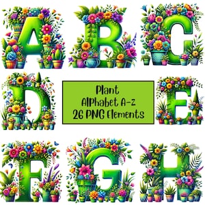 Alfabeto para amantes de las plantas, letra PNG de primavera, alfabeto de plantas en macetas, sublimación, letras florales, alfabeto boho, letras del alfabeto, botánico