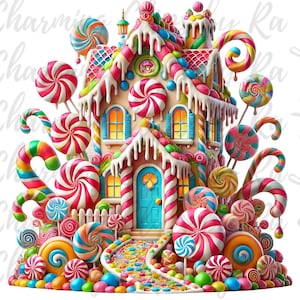 Puede incluir: Una casa de jengibre decorada con bastones de caramelo de colores, piruletas y espolvorear. La casa tiene una puerta azul y ventanas con luces amarillas. La casa está rodeada por un camino de caramelo y una variedad de caramelos de colores.