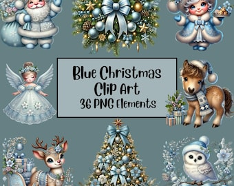 Blue Christmas Clipart Bundle, Watercolor Winter Graphics, Holiday Decor Elements, Cozy Winter Clipart, Christmas PNG, Sublimination