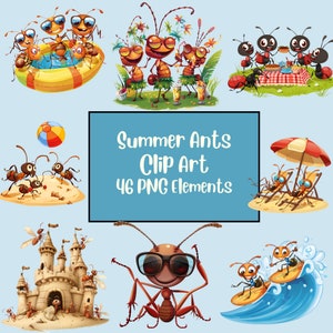 Watercolor Ants, Summer Fun Clipart, Ants Png, Insect Clipart, Digital Download, Clipart Bundle, Beach Ants, Commercial Use, Sublimination