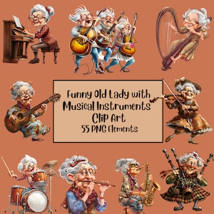 Grappige oude dames clipart, muziekinstrument clipart, ouderen clipart, oude dames png-bundel, vrolijke oude dame, grappige oude mensen