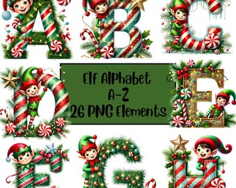 Ensemble PNG de l'alphabet de Noël, lettres PNG de lutin, lettres de Noël PNG, lettres de vacances festives, sublimination, Alphabet de lutin