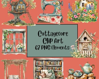 Cottagecore Aesthetics Clipart Bundle, Countryside Clipart, Fireplace, Rustic, Bookworm, Cottage Kitchen PNG, Cute Cottage, Vintage Books