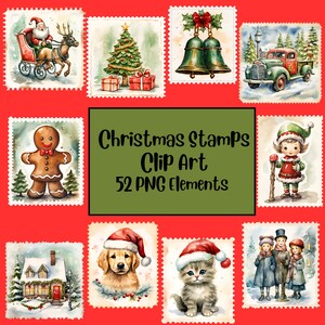 Paquete de colección de imágenes prediseñadas de franqueo y sellos navideños de acuarela, PNG, diario basura, feliz Navidad, scrapbooking, uso comercial