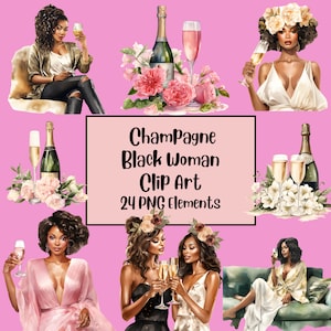 Watercolor Champagne Black Woman Clipart, Junk Journal, Scrapbooking, Celebration, Cocktails, Floral Champagne, African American, PNG