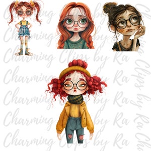 Puede incluir: Tres ilustraciones digitales de chicas con cabello rojo que usan gafas. Las chicas visten diferentes atuendos, incluyendo un vestido de mezclilla, un su&eacute;ter verde y una chaqueta amarilla.