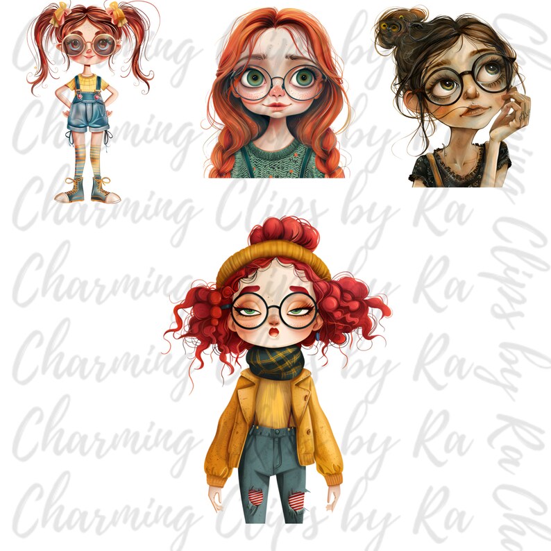 Puede incluir: Tres ilustraciones digitales de chicas con cabello rojo que usan gafas. Las chicas visten diferentes atuendos, incluyendo un vestido de mezclilla, un su&eacute;ter verde y una chaqueta amarilla.