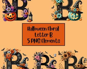Fall Floral Alphabet Clipart, Halloween Watercolor Letters for Sublimation, Autumn Decor, Autumn Floral Letter B, PNG Alphabet