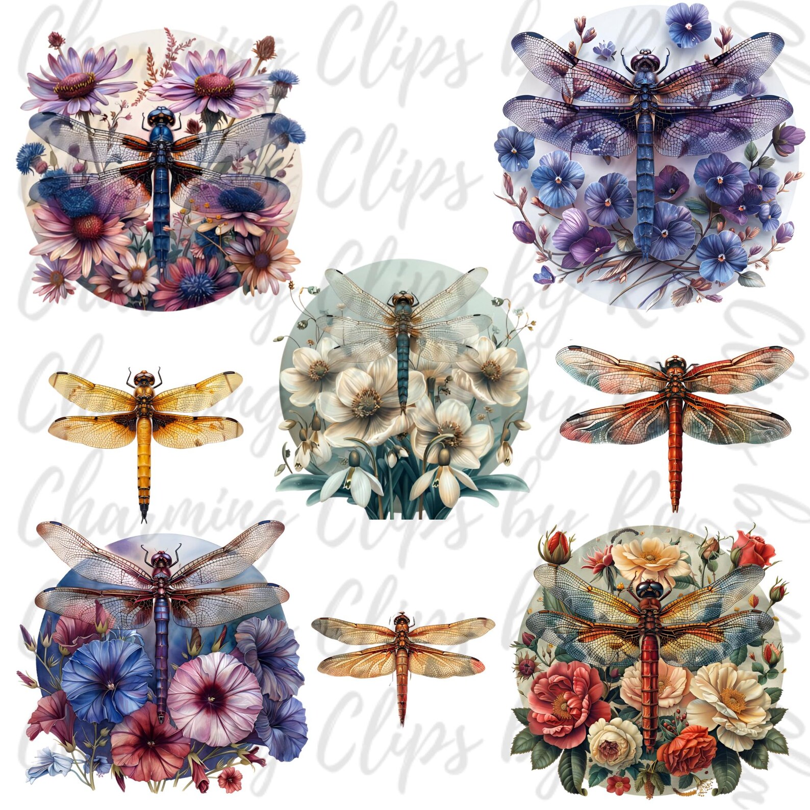 Dragonfly Floral Birthflower Clipart Sublimations Bundle, Insect PNG ...