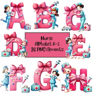 Letras del alfabeto de garabatos de enfermera, alfabeto de enfermera, sublimación, imágenes prediseñadas médicas, letras PNG de enfermera, PNG de vida de enfermera, PNG de enfermería