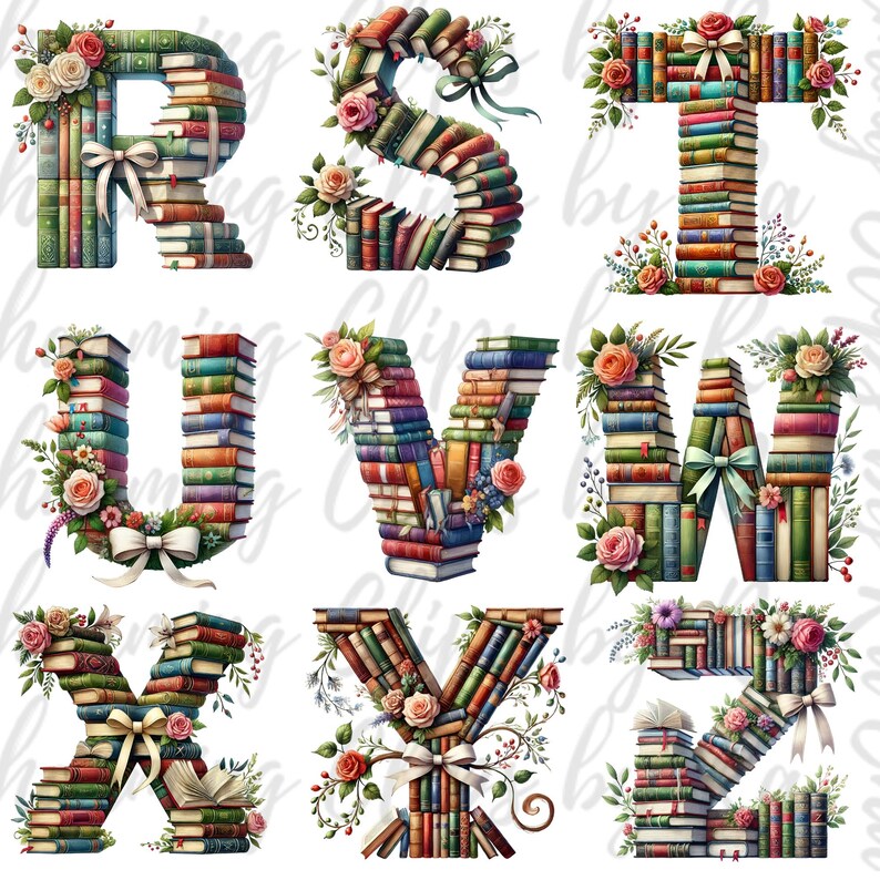May include: A set of alphabet letters R, S, T, U, V, W, X, Y, and Z made of stacked books with floral embellishments. Each letter is decorated with a bow and colorful flowers.