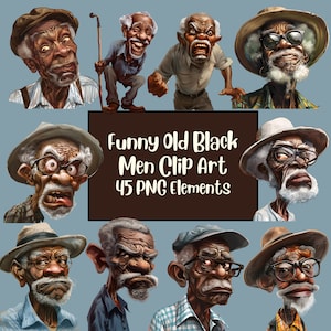 Grappige oude zwarte man clipart, ouderen clipart, opa clipart, grootvader, senior, grappige oude mensen, knorrige oude man PNG, sublimatie