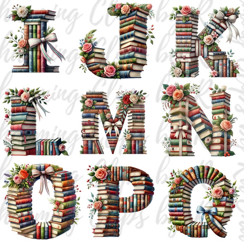 May include: A set of alphabet letters I through Q made of stacked books with floral embellishments. The letters are in a vintage style with a whimsical feel.