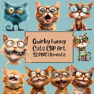 Clipart chat excentrique | Clipart chat drôle et mignon | Portraits de chat mignon | Chats fantaisistes | Journal indésirable | Animaux originaux| Lot de cliparts chaton