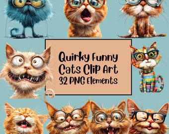 Quirky Cat Clipart | Funny and Cute Cat Clipart| Cute Cat Portraits | Whimsical Cats | Junk Journal | Quirky Animals| Kitty Clipart Bundle