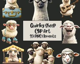 Quirky Sheep Clipart Bundle, Funny Farm Animal Graphics, Cute and Funny Sheep Clipart, Quirky Sublimination, Junk Journal, Scrapbooking