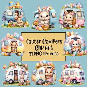 Pode incluir: Um conjunto de 31 imagens de clip art digitais com autocaravanas temáticas de Páscoa com coelhos. As autocaravanas são decoradas com cores pastel, flores e ovos de Páscoa. Os coelhos usam roupas fofas e carregam cestas de Páscoa.