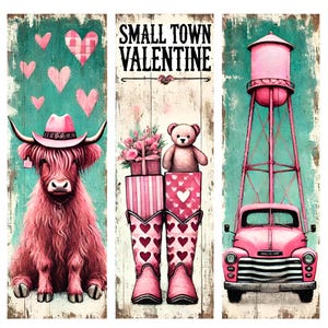Acuarela de un pequeño pueblo de San Valentín PNG, diseños del día de San Valentín del oeste, diseños de sublimación de vacas de las tierras altas, PNG de campo, Hola San Valentín PNG