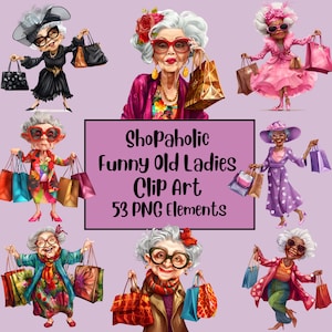 Clipart drôle vieilles dames, Shopping, Clipart personnes âgées, mignonne grand-mère, ensemble PNG vieilles dames, joyeuse vieille dame, personnes âgées drôles, sublimination
