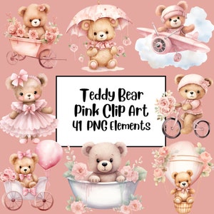 Teddy Bear Clipart Bundle, Girl Baby Shower PNG, Cute Pink Boho Teddy Bears, Scrapbooking, Junk Journal, Nursery Clipart