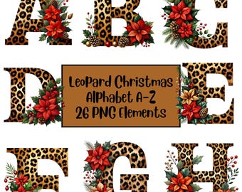 クリスマスアルファベットPNGバンドル、チーター柄、ヒョウ柄クリップアート、クリスマスレターPNG、お祝いホリデーレター、プレッピーホリデーデザイン、落書き