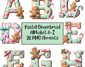 Christmas Alphabet PNG, Pastel Gingerbread Alphabet Clipart, Cookie Letters PNG, Gingerbread People, Pink Christmas Clipart, Graphics