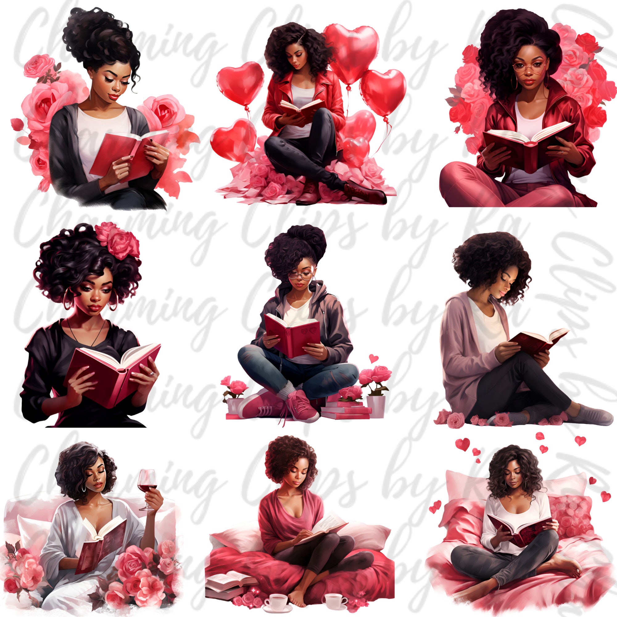 Watercolor Valentines Black Woman Reading Clipart, Bookworm, Holiday ...