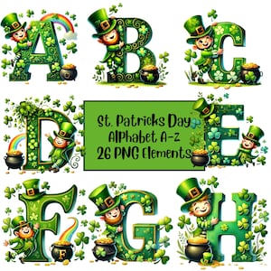 Pacote de alfabeto PNG do dia de São Patrício, letras de trevo, PNG de duende, chapéus de duende, sublimação, clipart ABC