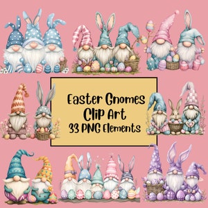 May include: A set of 33 digital clip art images featuring Easter gnomes. The gnomes are wearing colorful hats and holding baskets of Easter eggs. Some gnomes are holding bunnies. The images are perfect for creating Easter crafts, cards, and decorations.