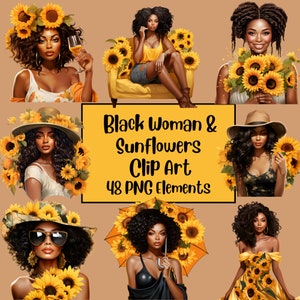 Zwarte vrouw zonnebloem clipart bundel, Floral PNG, zwarte clipart, Afro vrouw, modieus, Afro-Amerikaans, zonnebloem krans, sublimatie