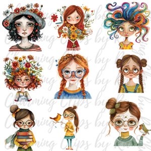 Puede incluir: Un conjunto de diez ilustraciones digitales que presentan chicas lindas con diferentes peinados, ropa y accesorios. Las chicas est&aacute;n representadas con ojos grandes, mejillas sonrosadas y detalles caprichosos.