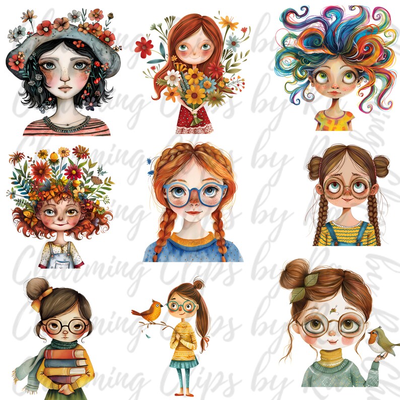 Puede incluir: Un conjunto de diez ilustraciones digitales que presentan chicas lindas con diferentes peinados, ropa y accesorios. Las chicas est&aacute;n representadas con ojos grandes, mejillas sonrosadas y detalles caprichosos.