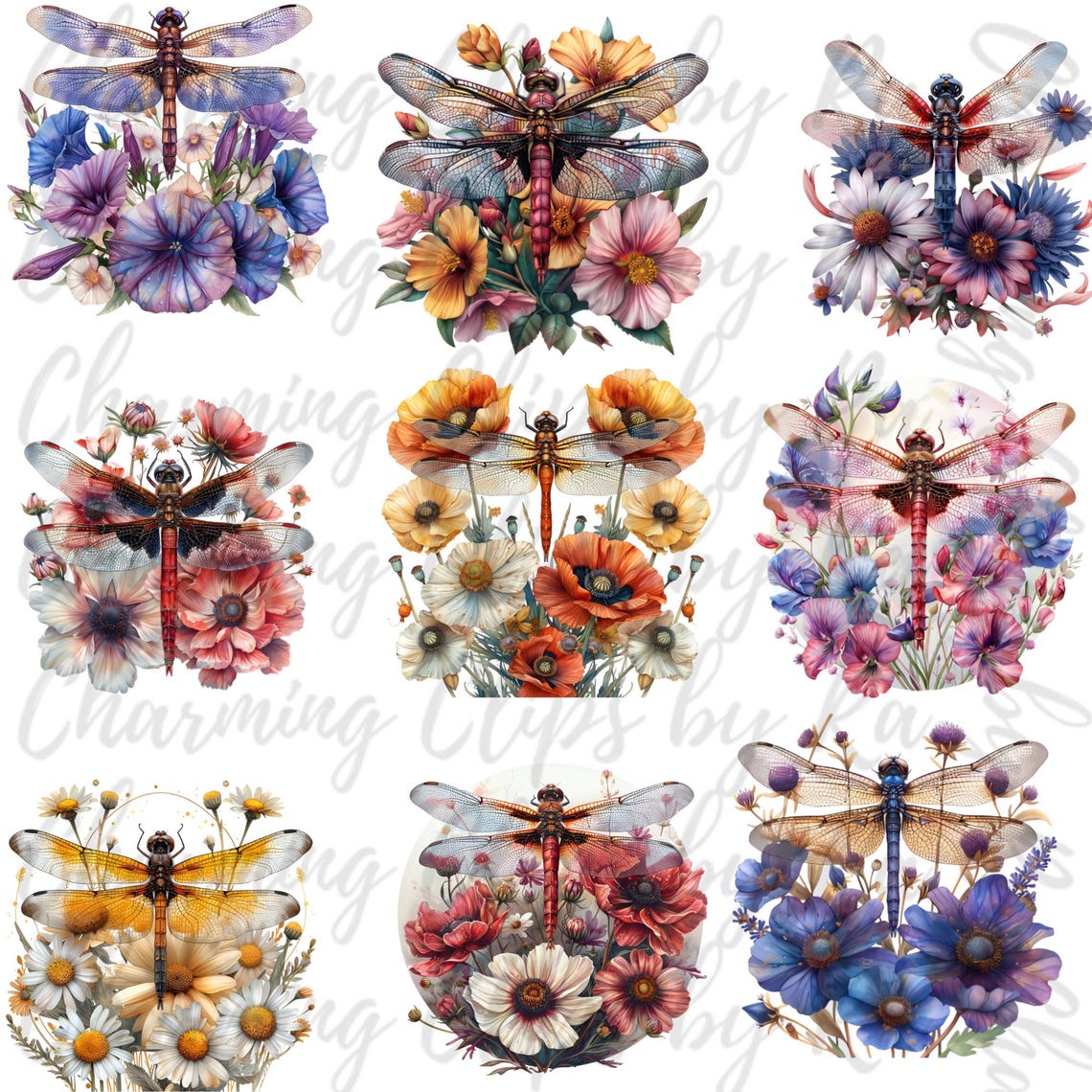 Dragonfly Floral Birthflower Clipart Sublimations Bundle, Insect PNG ...