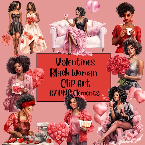 Watercolor Black Woman Valentines Clipart, Fashionable, Powerful, African American, Boss Woman, PNG Bundle, Black Woman Figures, Curvy